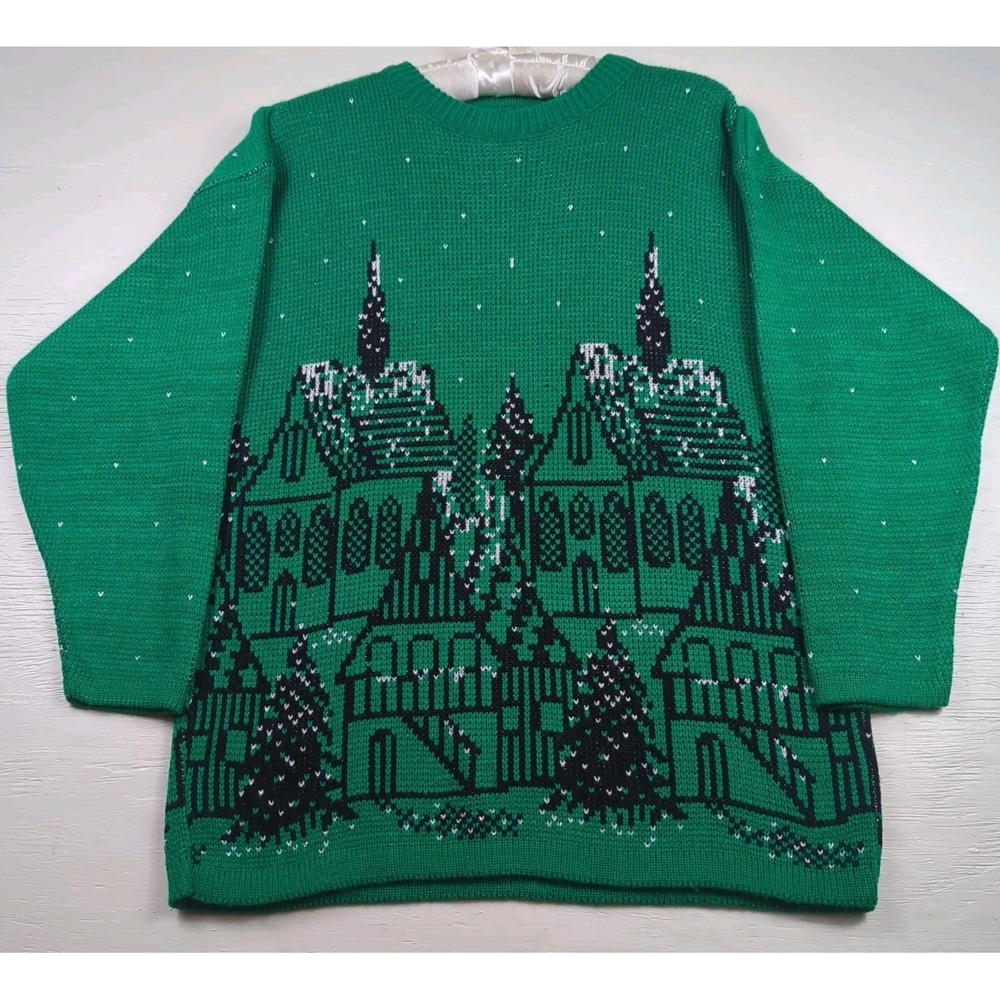 Vintage Precious Knits Snowy Winter Village Knit Oversized Sweater Green Grandma